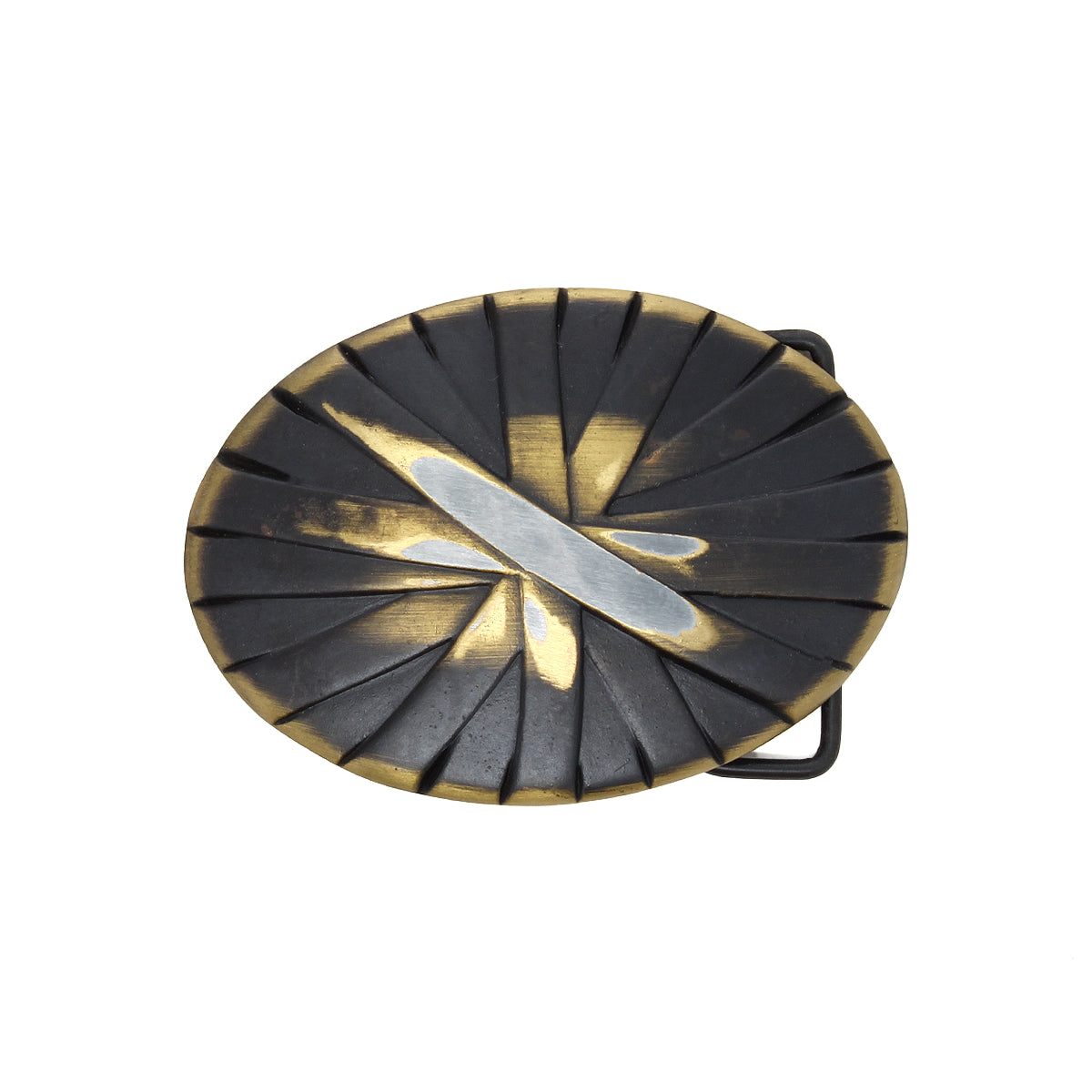 The Bed Stu Brit Oval Buckle is a brass belt buckle with an antiqued bronze finish, textured grooves, and a sleek silver accent across the center.