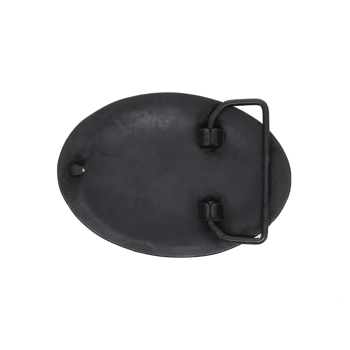 The Bed Stu Brit Oval Buckle is shown from the back, highlighting its oval shape, antiqued bronze metal finish, and secure loop-and-hook fastening mechanism.