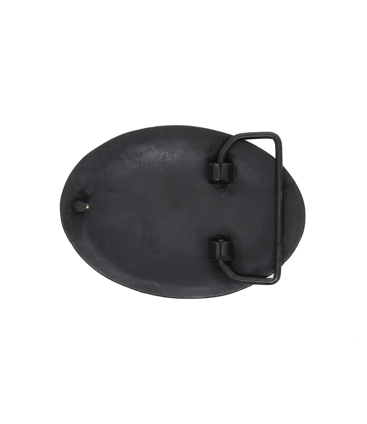 The Bed Stu Brit Oval Buckle is shown from the back, highlighting its oval shape, antiqued bronze metal finish, and secure loop-and-hook fastening mechanism.