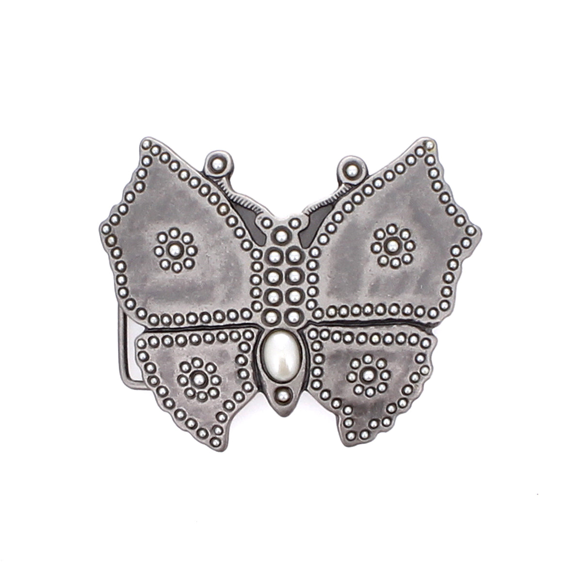 The Bed Stu Butterfly Bead Buckle features a silver butterfly design with beaded details and a central oval pearl-like accent, offering a stylish twist on classic silver belt buckles. Shown on a white background.