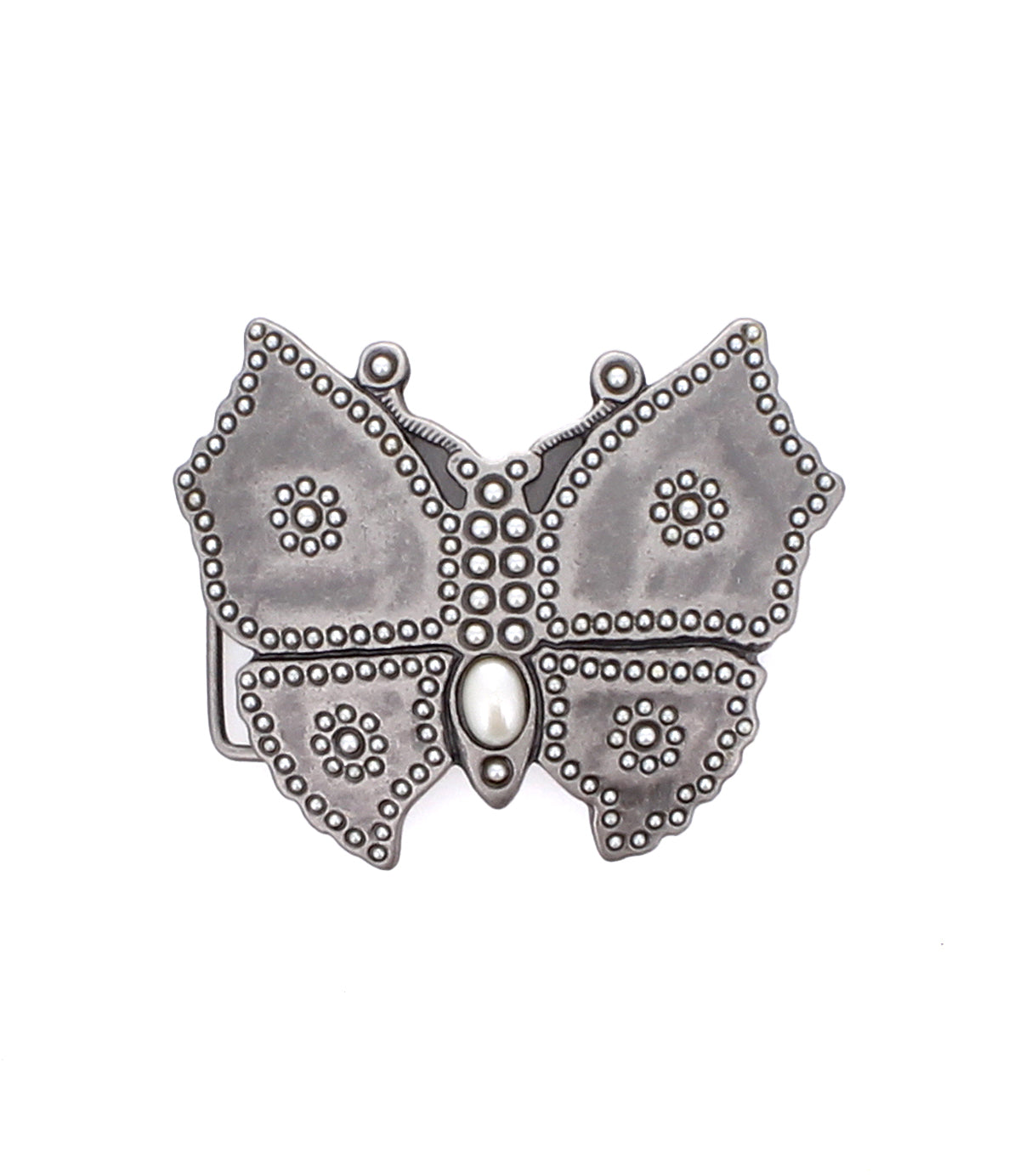 The Bed Stu Butterfly Bead Buckle features a silver butterfly design with beaded details and a central oval pearl-like accent, offering a stylish twist on classic silver belt buckles. Shown on a white background.