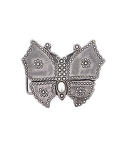 The Bed Stu Butterfly Bead Buckle features a silver butterfly design with beaded details and a central oval pearl-like accent, offering a stylish twist on classic silver belt buckles. Shown on a white background.