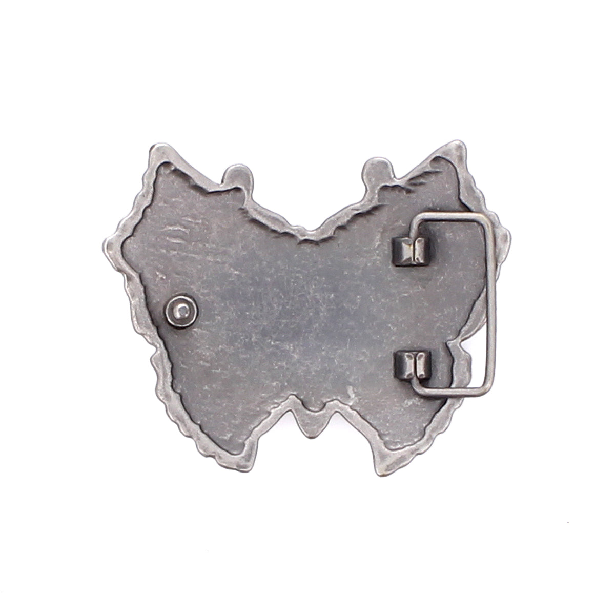 Back view of the Bed Stu Butterfly Bead Buckle in silver, featuring irregular edges and a visible clasp and hook mechanism—a bold western accessory.