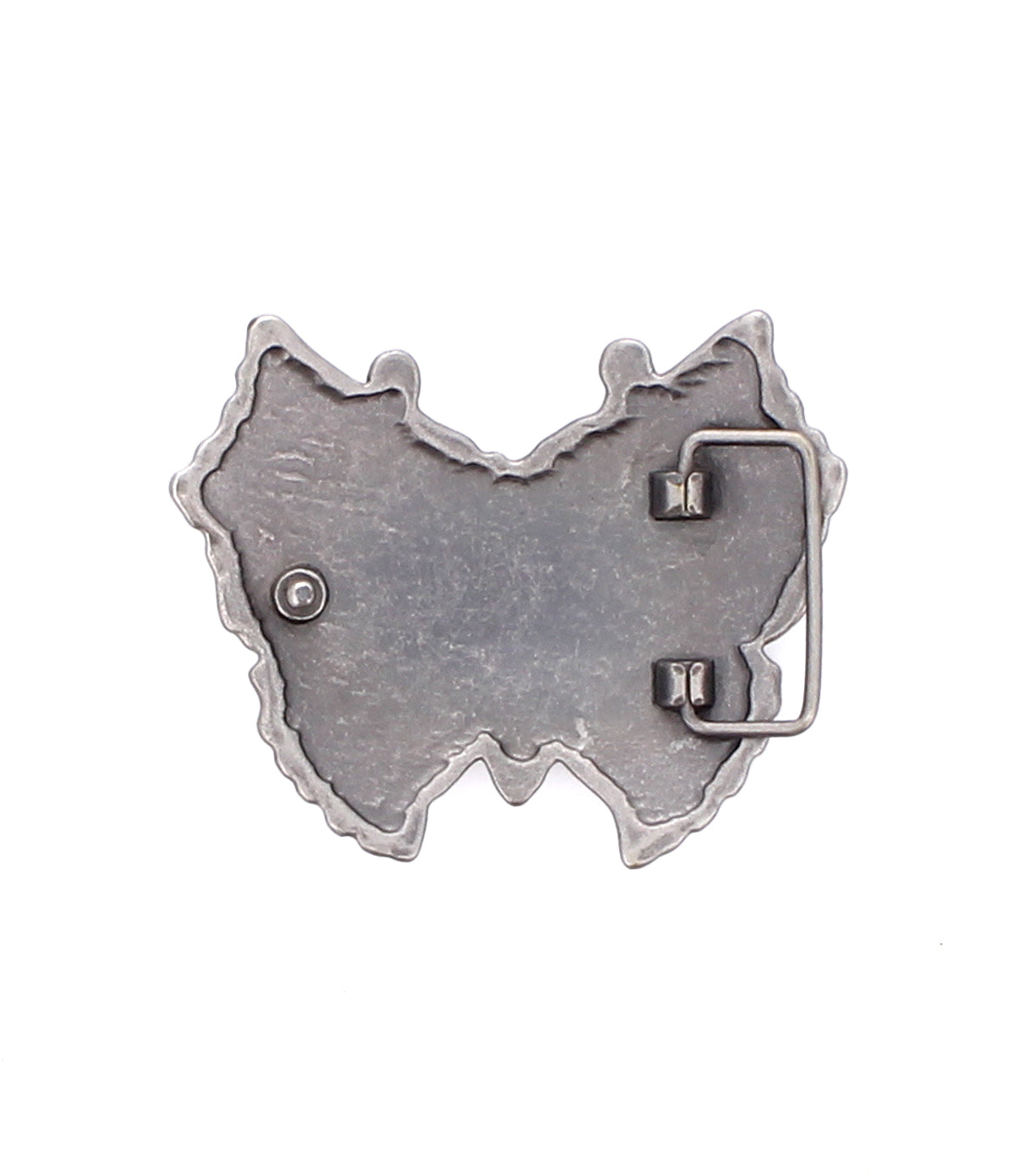 Back view of the Bed Stu Butterfly Bead Buckle in silver, featuring irregular edges and a visible clasp and hook mechanism—a bold western accessory.