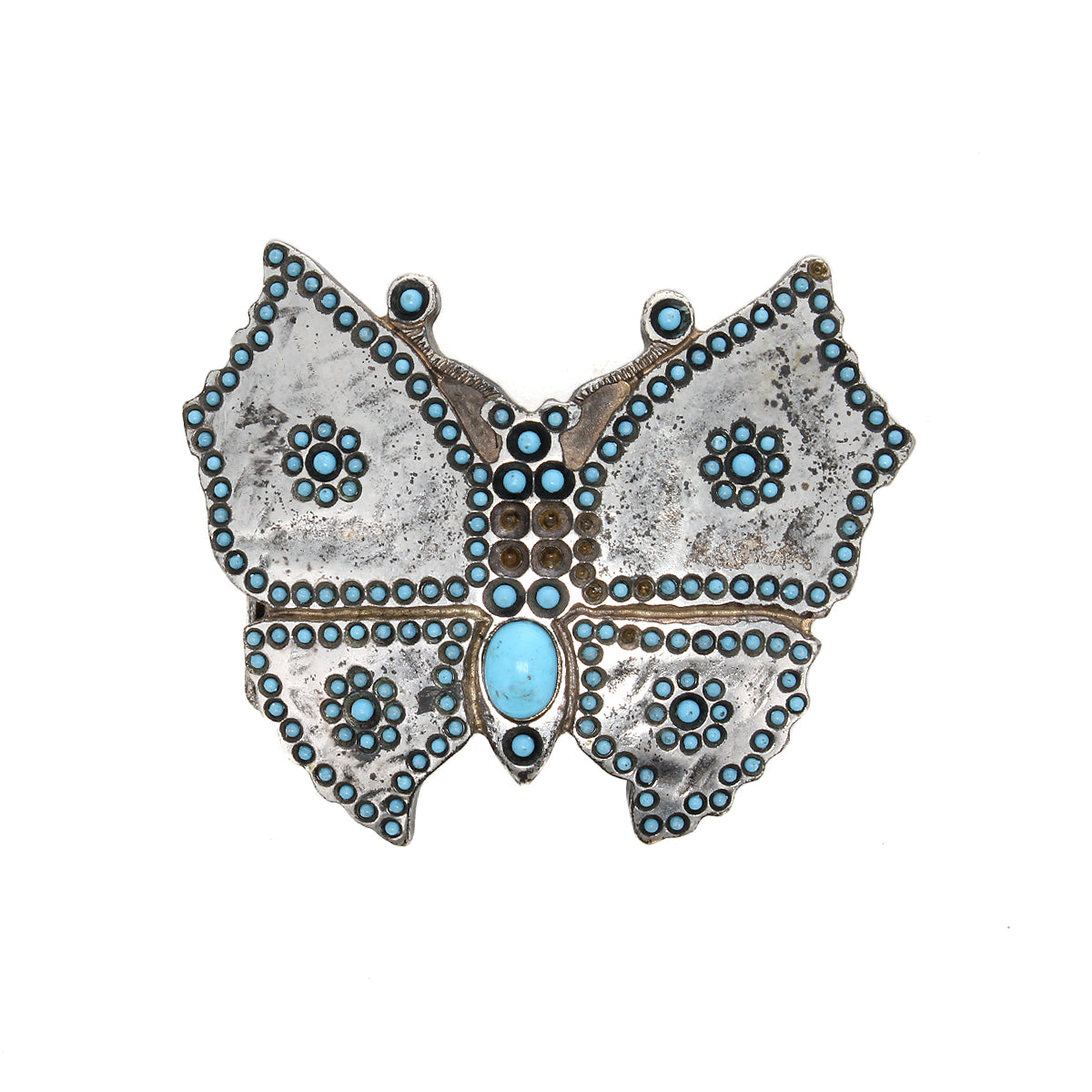 The Bed Stu Butterfly Bead Buckle features a silver finish with turquoise beads and dotted wing patterns, making it a standout western accessory.