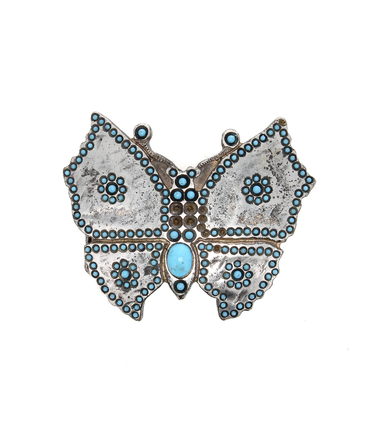 The Bed Stu Butterfly Bead Buckle features a silver finish with turquoise beads and dotted wing patterns, making it a standout western accessory.