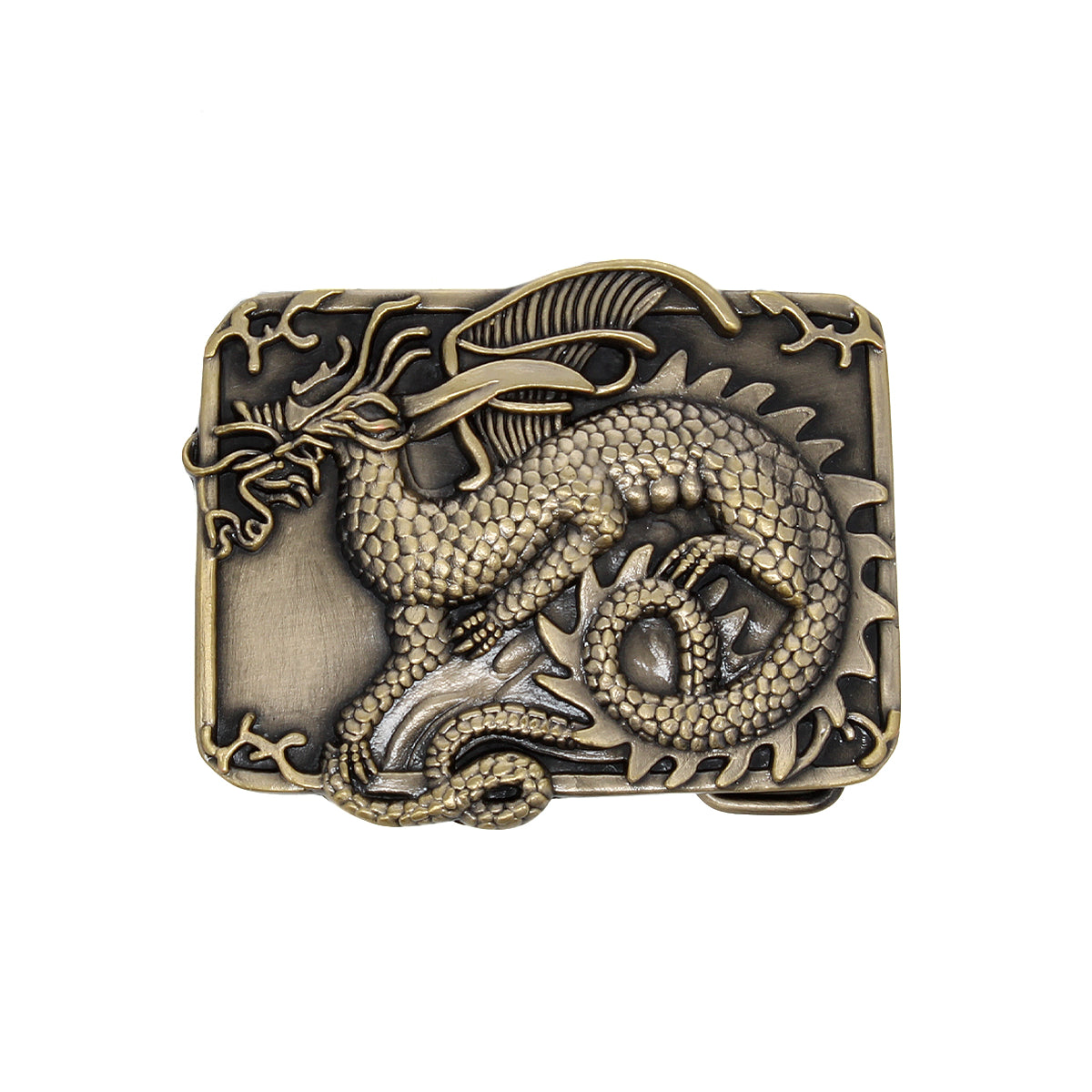 The Bed Stu Dragon Buckle is a rectangular metal belt buckle with a sculpted dragon featuring intricate scales and a curled body, offering a detailed and striking design.