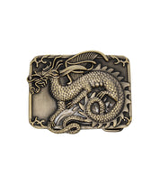The Bed Stu Dragon Buckle is a rectangular metal belt buckle with a sculpted dragon featuring intricate scales and a curled body, offering a detailed and striking design.