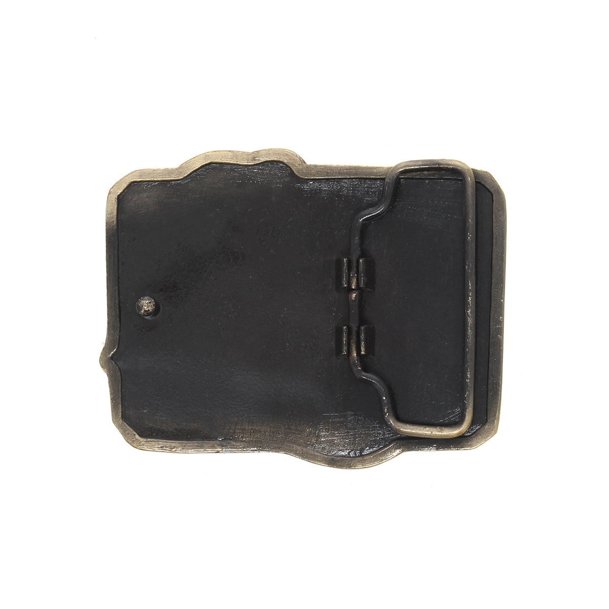 The Bed Stu Dragon Buckle is a rectangular metal belt buckle with a hinged clasp and single prong, shown from the back on a white background—perfect as a standout dragon belt buckle centerpiece.