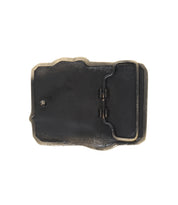 The Bed Stu Dragon Buckle is a rectangular metal belt buckle with a hinged clasp and single prong, shown from the back on a white background—perfect as a standout dragon belt buckle centerpiece.