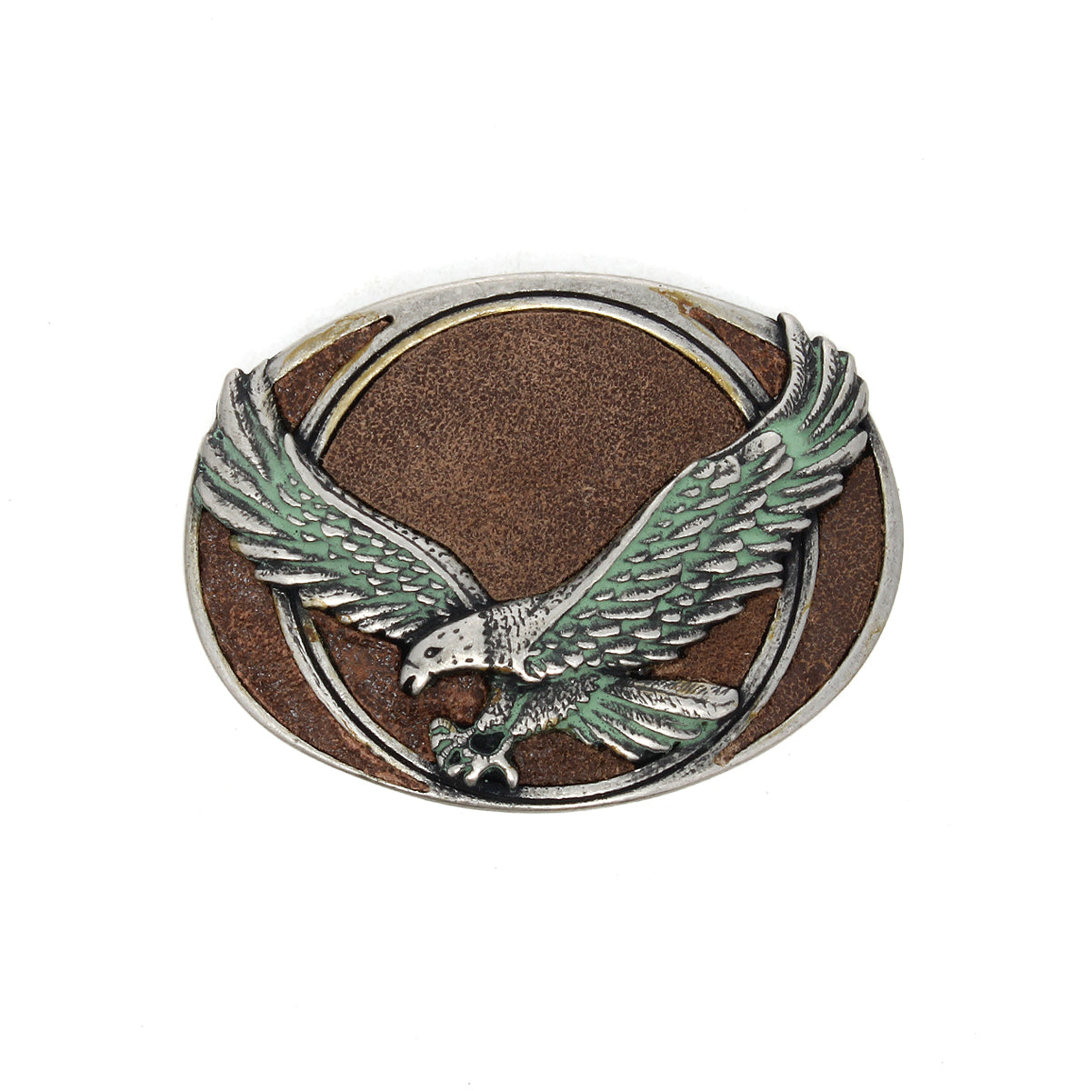 The Bed Stu Eagle B Buckle is an oval, vintage-style belt buckle featuring a raised eagle with outstretched wings in metallic tones on a brown textured background—a standout collector’s piece.