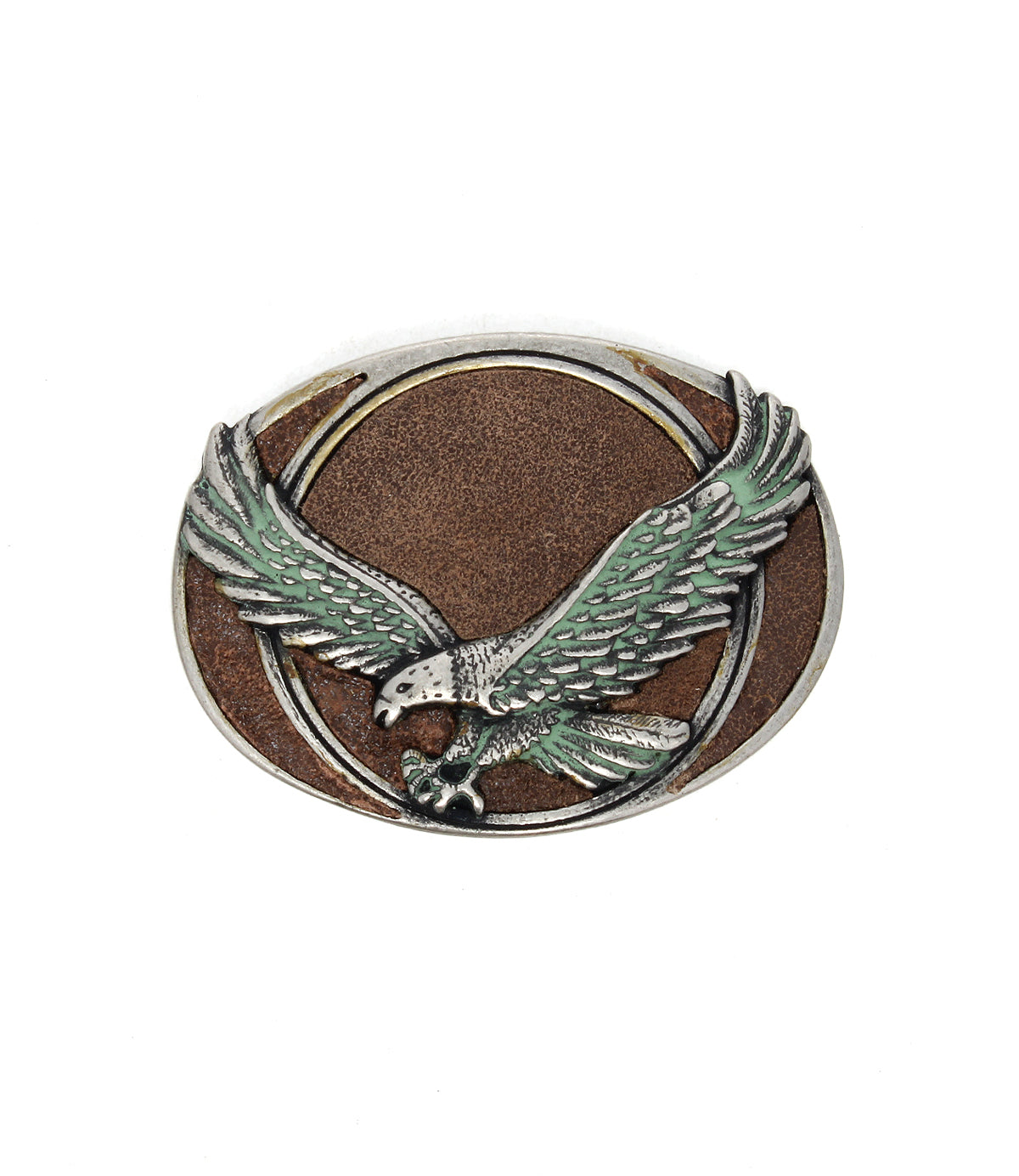 The Bed Stu Eagle B Buckle is an oval, vintage-style belt buckle featuring a raised eagle with outstretched wings in metallic tones on a brown textured background—a standout collector’s piece.