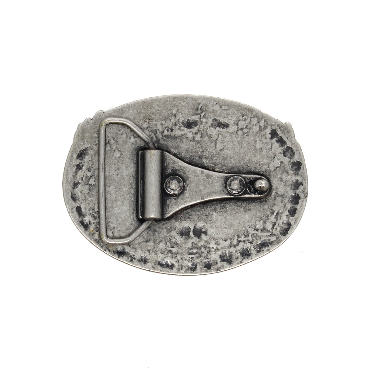 The Bed Stu Eagle B Buckle is an oval, vintage-style belt buckle viewed from the back, showcasing its metal loop and hinge mechanism for easy belt attachment.