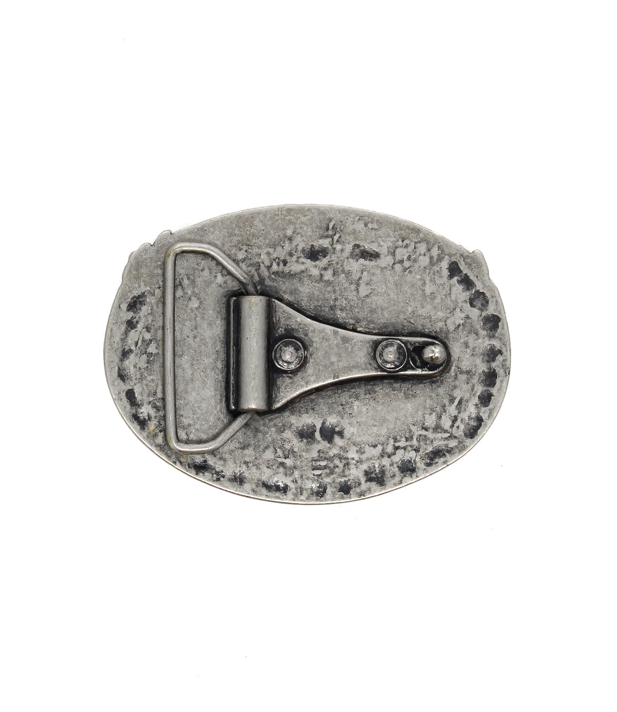 The Bed Stu Eagle B Buckle is an oval, vintage-style belt buckle viewed from the back, showcasing its metal loop and hinge mechanism for easy belt attachment.
