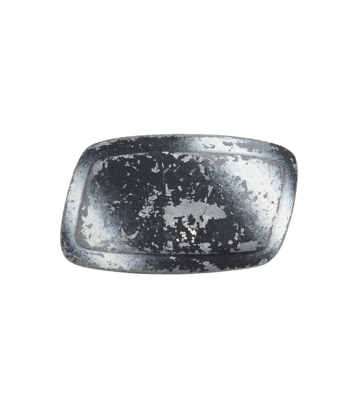 The Bed Stu Elevate Buckle is a rectangular black metal tray with worn, chipped paint and visible aging, evoking the rugged charm of a distressed belt buckle.