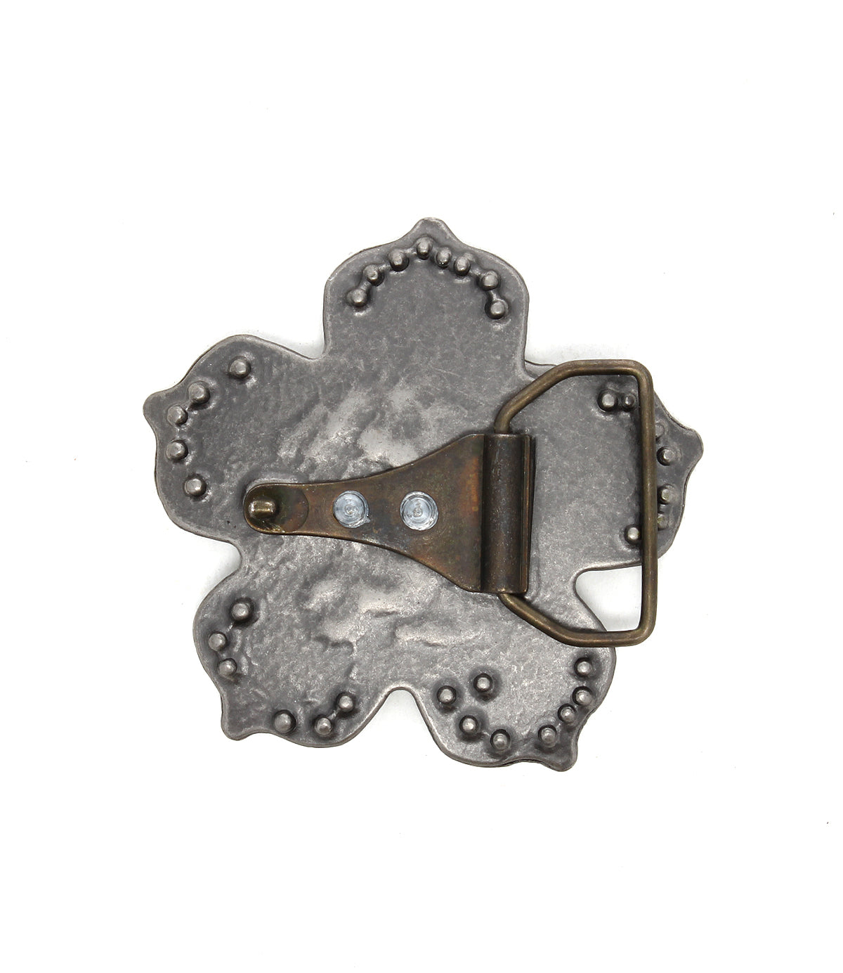 The Bed Stu Flower Sparkle Buckle is a vintage silver belt buckle with a flower-shaped base, textured surface, and secure prong and loop fastening on the back.