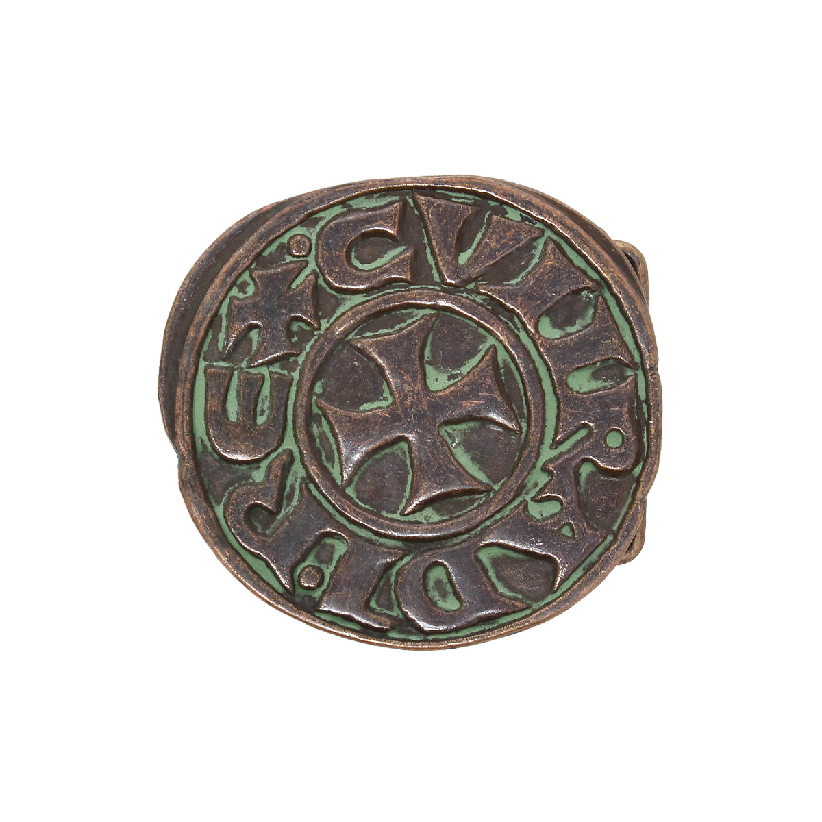 The Bed Stu Greek Cross belt buckle features a round bronze design with a raised cross at the center and engraved, stylized text encircling it.