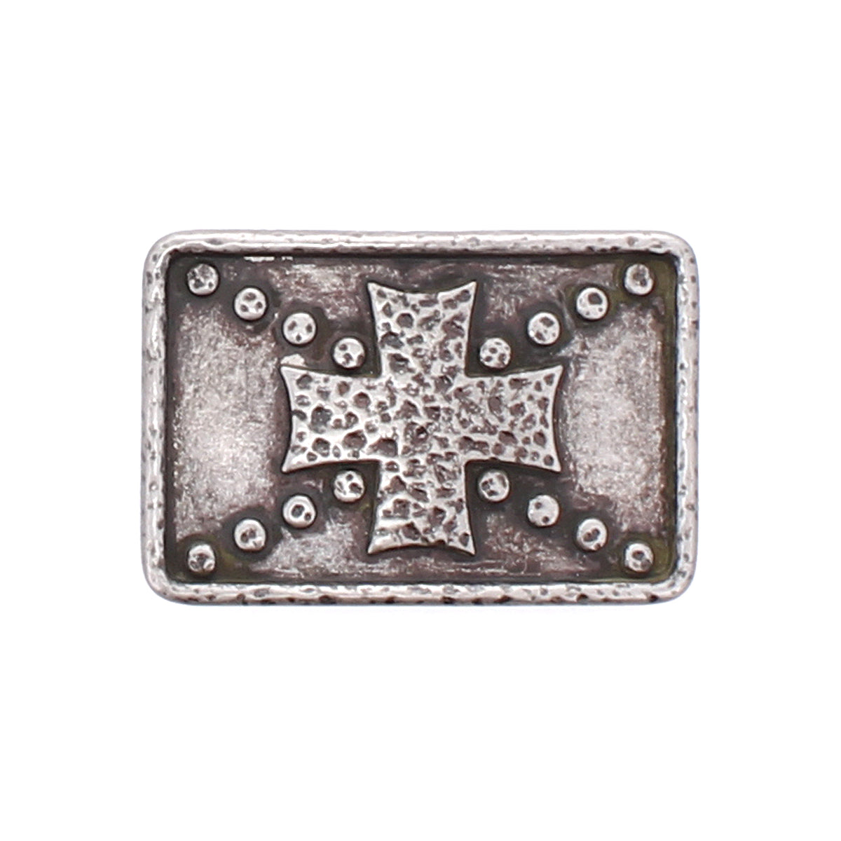 The Bed Stu Metal Cross Buckle is a rectangular vintage silver buckle with a raised hammered cross and small circular studs on a distressed background for a rustic look.