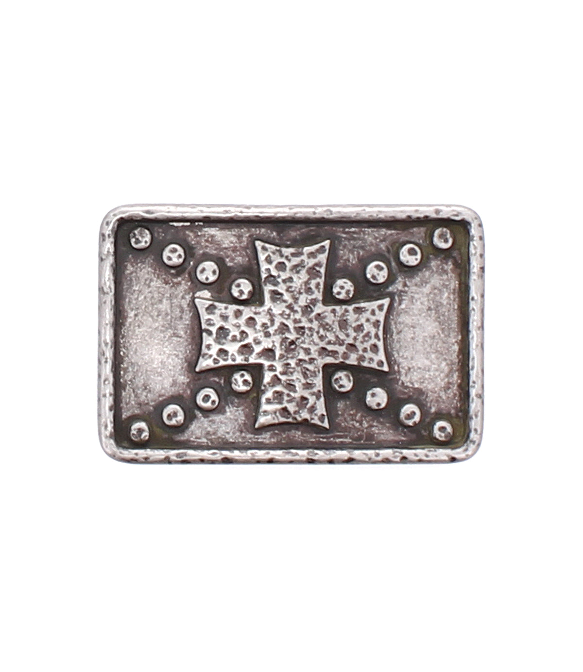 The Bed Stu Metal Cross Buckle is a rectangular vintage silver buckle with a raised hammered cross and small circular studs on a distressed background for a rustic look.