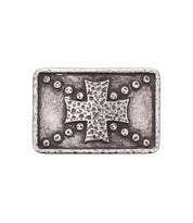 The Bed Stu Metal Cross Buckle is a rectangular vintage silver buckle with a raised hammered cross and small circular studs on a distressed background for a rustic look.