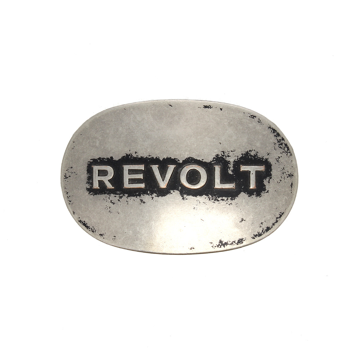 The Bed Stu Revolt Buckle is an oval, silver-tone belt buckle featuring the word "REVOLT" in bold, weathered black capital letters.