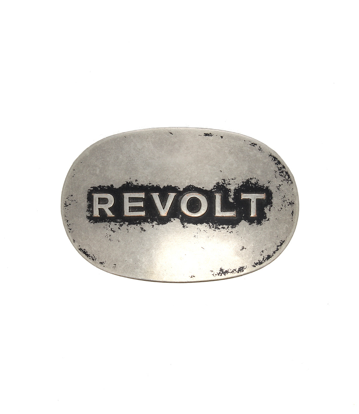 The Bed Stu Revolt Buckle is an oval, silver-tone belt buckle featuring the word "REVOLT" in bold, weathered black capital letters.