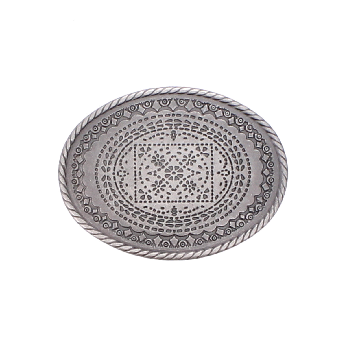 The Tribe Buckle by Bed Stu features an oval-shaped silver design with intricate engraved patterns and a braided border, echoing rustic charm inspired by ranch heritage.