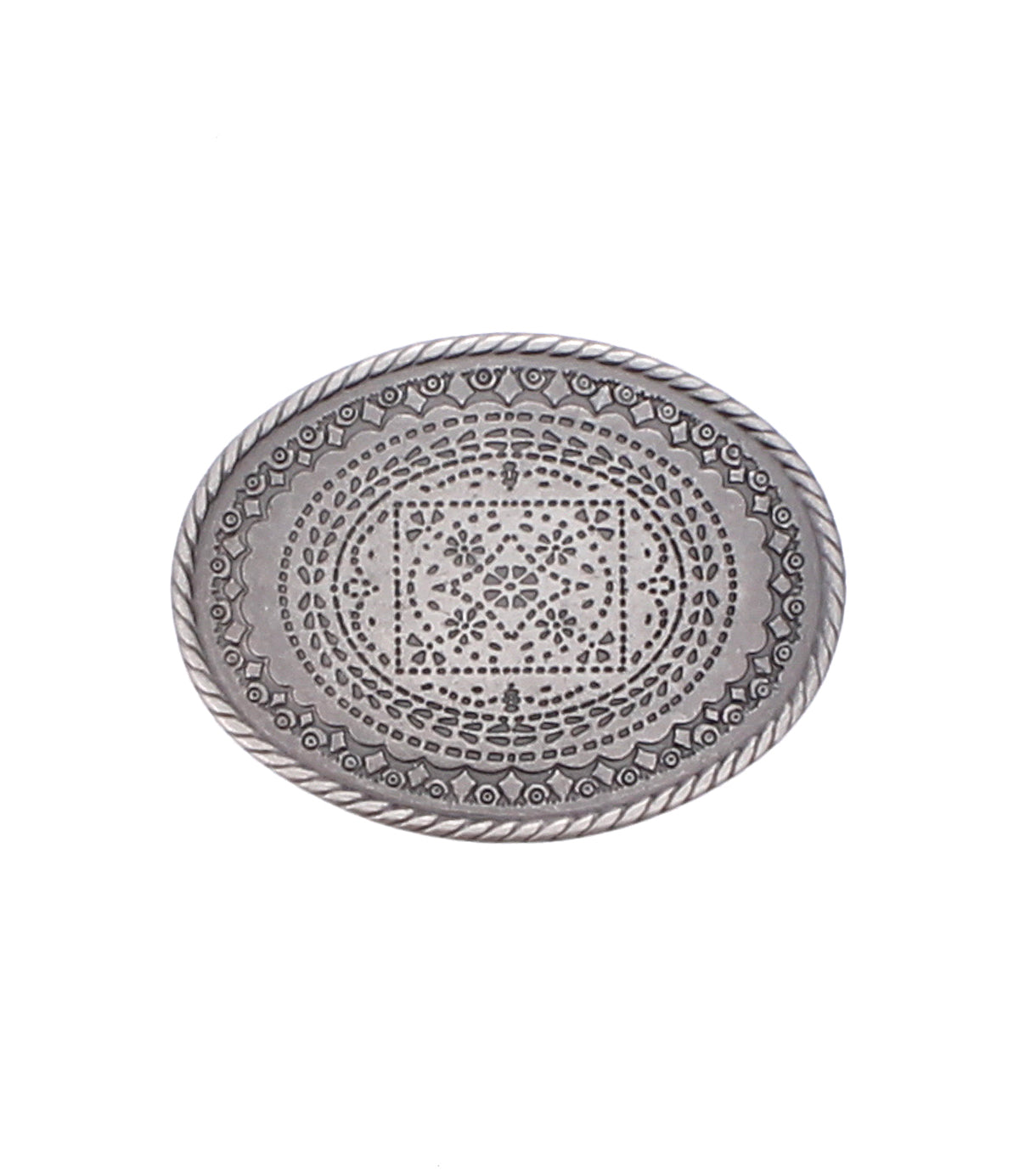 The Tribe Buckle by Bed Stu features an oval-shaped silver design with intricate engraved patterns and a braided border, echoing rustic charm inspired by ranch heritage.