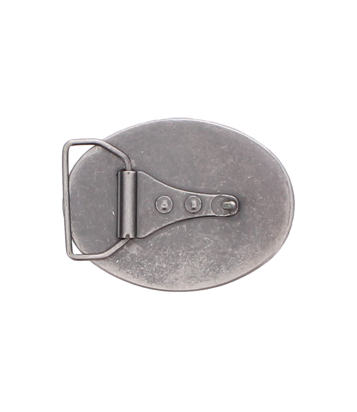 The Bed Stu Tribe Buckle is a silver oval Western belt buckle shown from the back, featuring an attachment bar and clasp for secure fit, and exuding rustic charm.