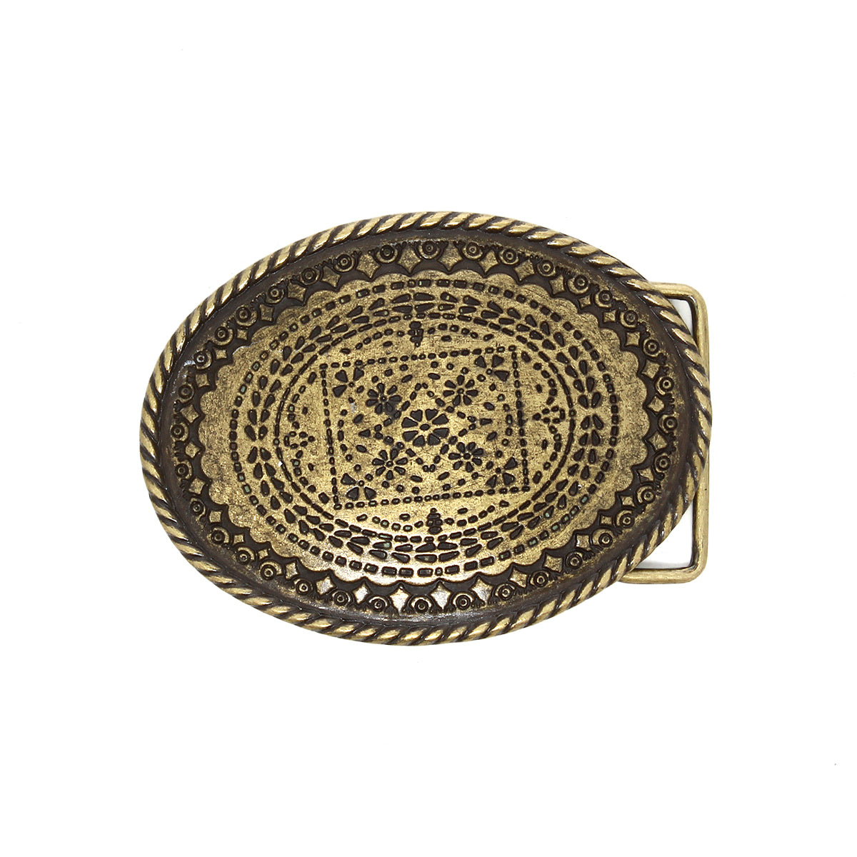 The Tribe Buckle by Bed Stu is an oval brass Western belt buckle featuring intricate engravings and a rope-like border, offering rustic charm against a white background.