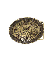 The Tribe Buckle by Bed Stu is an oval brass Western belt buckle featuring intricate engravings and a rope-like border, offering rustic charm against a white background.