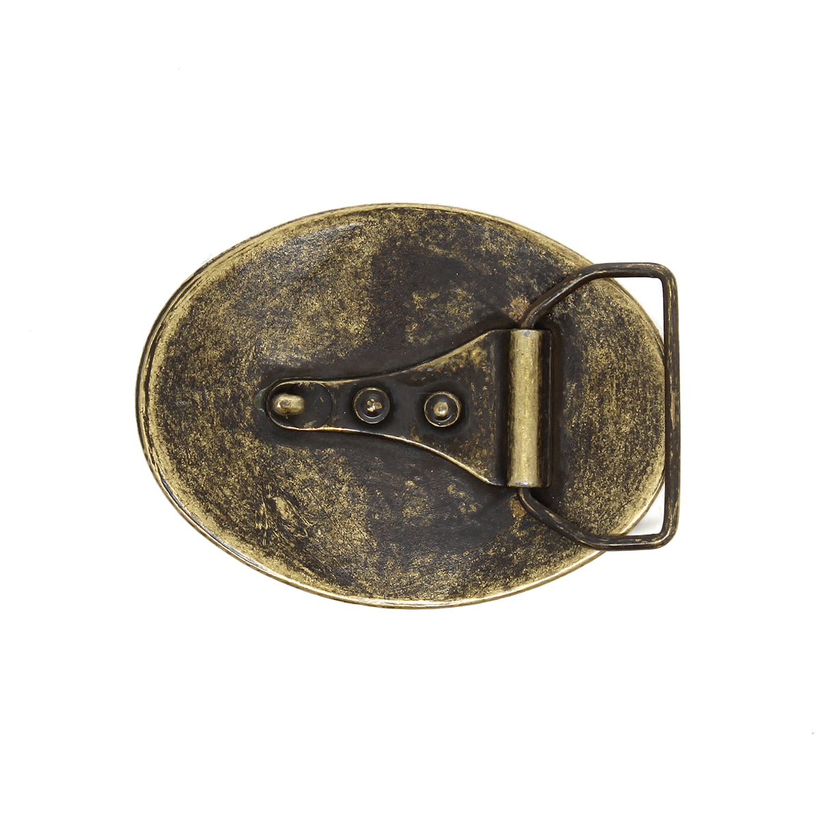 Back view of the Tribe Buckle by Bed Stu, an oval vintage brass Western belt buckle featuring a visible hinge and fastening mechanism, radiating rustic charm.