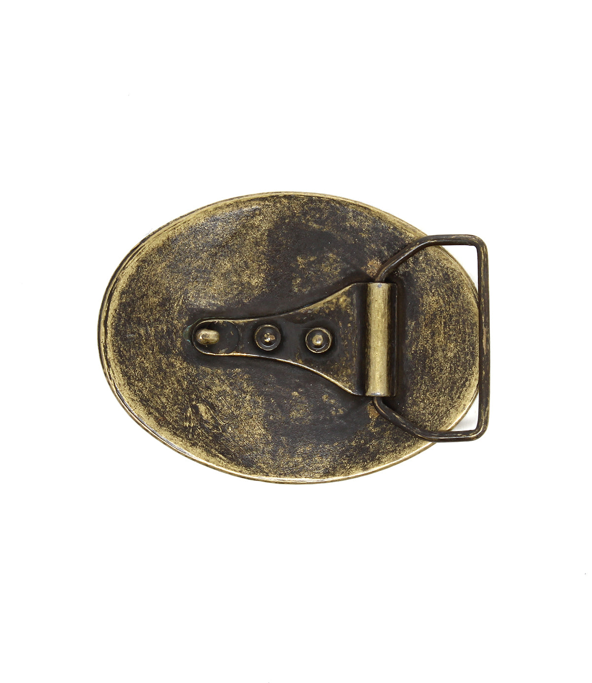 Back view of the Tribe Buckle by Bed Stu, an oval vintage brass Western belt buckle featuring a visible hinge and fastening mechanism, radiating rustic charm.