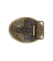 Back view of the Tribe Buckle by Bed Stu, an oval vintage brass Western belt buckle featuring a visible hinge and fastening mechanism, radiating rustic charm.