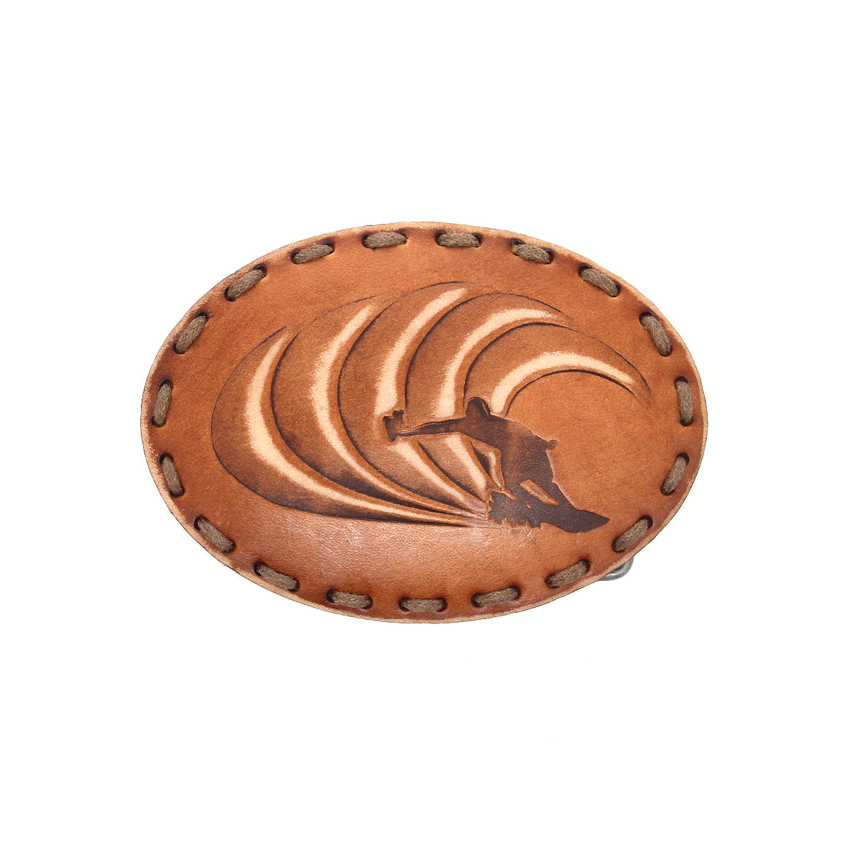 The Bed Stu Tube Buckle features an oval leather patch with stitched edges and a carved surfer riding a wave, capturing California coastal spirit—an ideal accent for your favorite belt buckle.