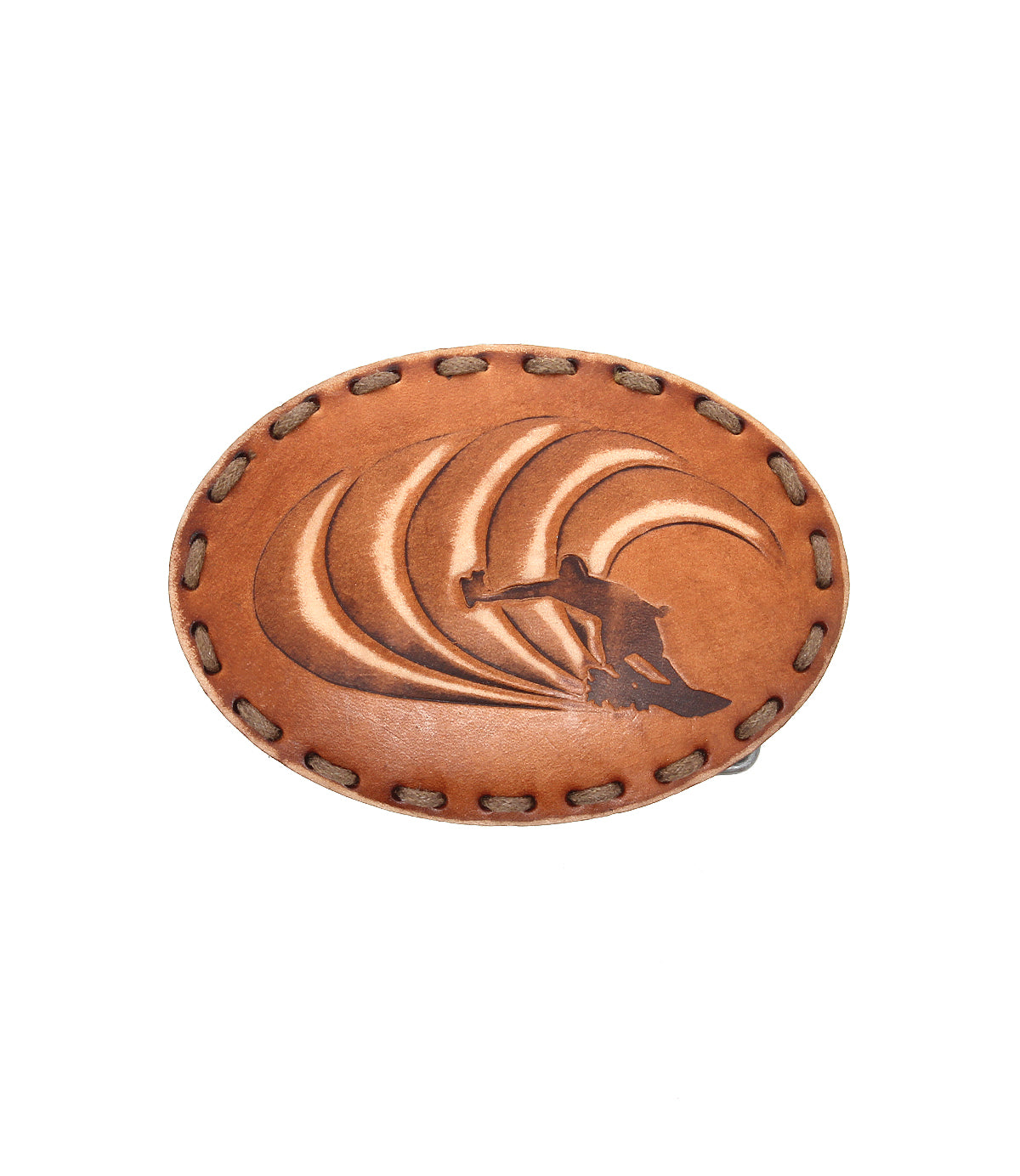 The Bed Stu Tube Buckle features an oval leather patch with stitched edges and a carved surfer riding a wave, capturing California coastal spirit—an ideal accent for your favorite belt buckle.