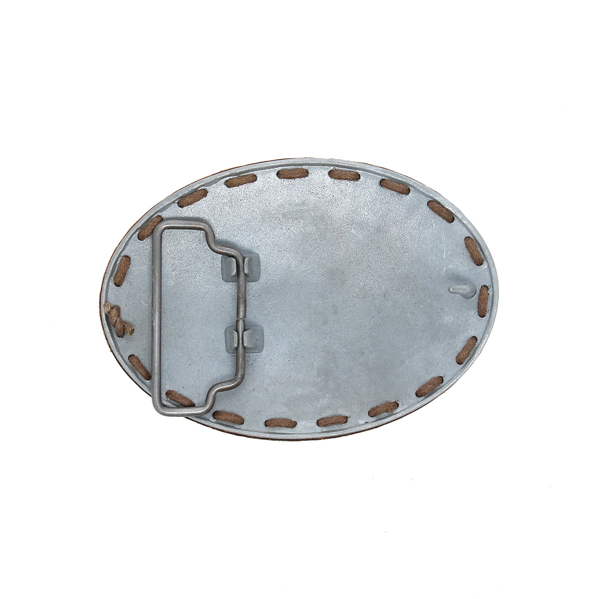 Back view of the Bed Stu Tube Buckle, an oval leather belt buckle with stitched leather borders and a metal loop and hook closure, reflecting laid-back California coastal style.