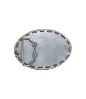 Back view of the Bed Stu Tube Buckle, an oval leather belt buckle with stitched leather borders and a metal loop and hook closure, reflecting laid-back California coastal style.