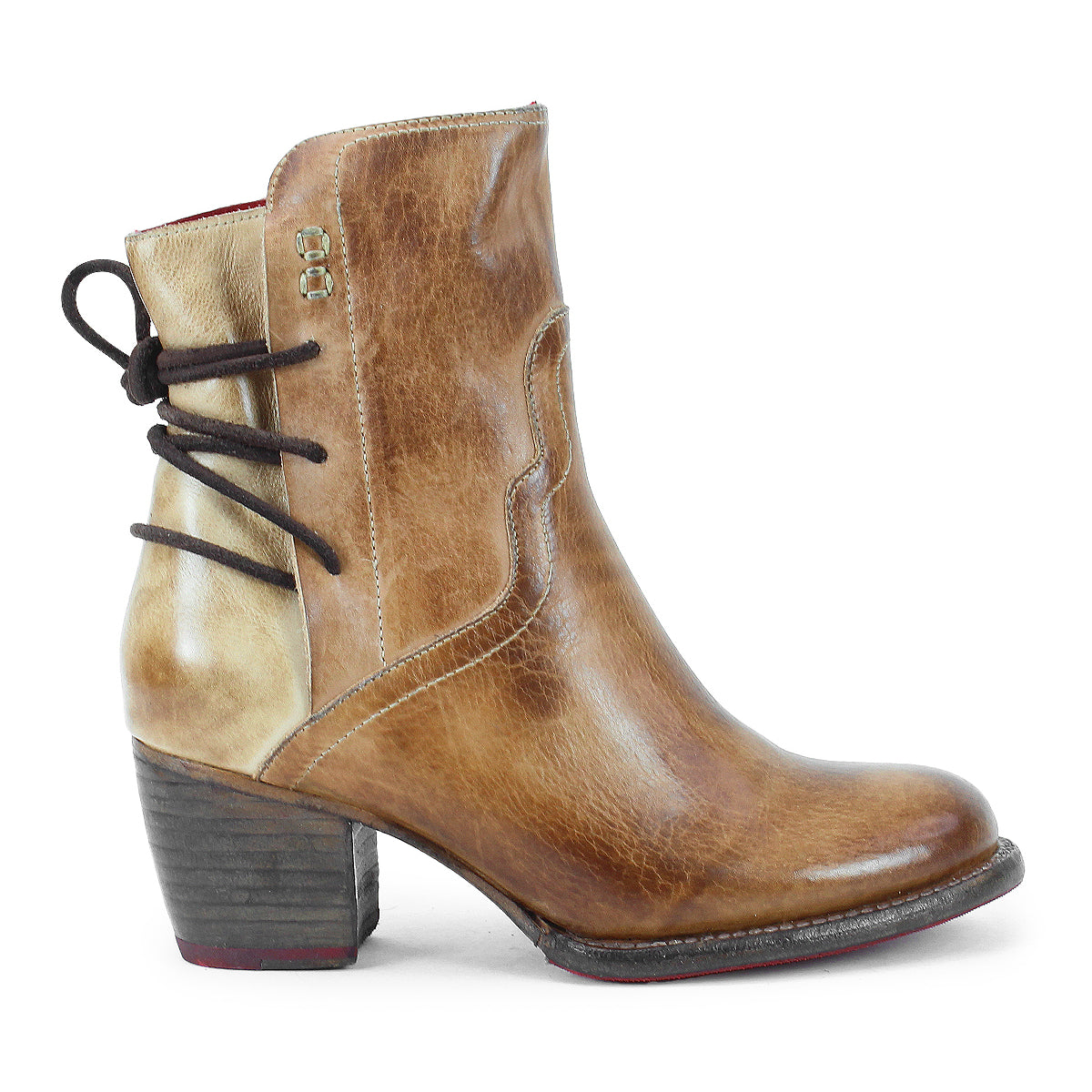 The Bed Stu Cable is a brown leather mid-ankle boot featuring a chunky heel, decorative black back laces, visible stitching, and a subtle Western touch.