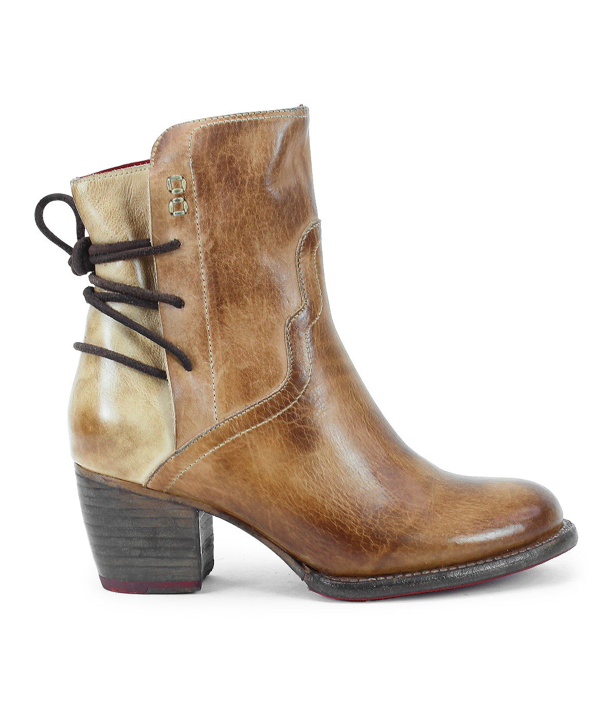 The Bed Stu Cable is a brown leather mid-ankle boot featuring a chunky heel, decorative black back laces, visible stitching, and a subtle Western touch.