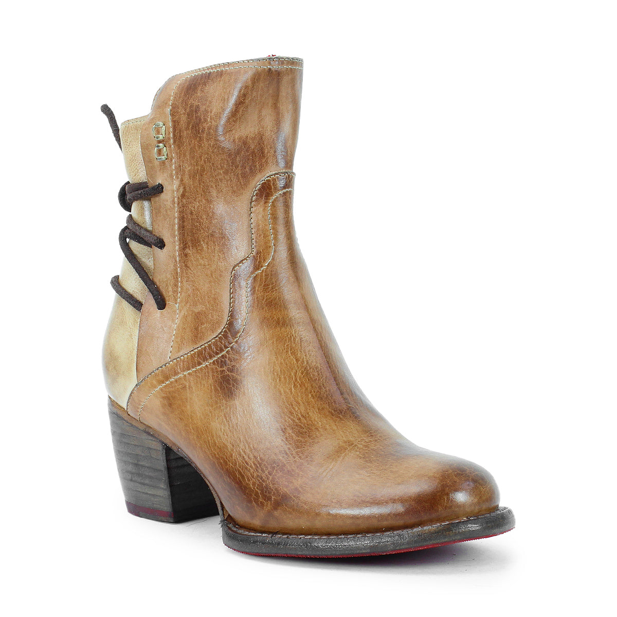 Bed Stu’s Cable boot features hand-finished brown leather, a mid-ankle cut, chunky heel, decorative stitching, and black lace detail on the side for Western-inspired style.