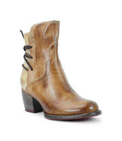 Bed Stu’s Cable boot features hand-finished brown leather, a mid-ankle cut, chunky heel, decorative stitching, and black lace detail on the side for Western-inspired style.