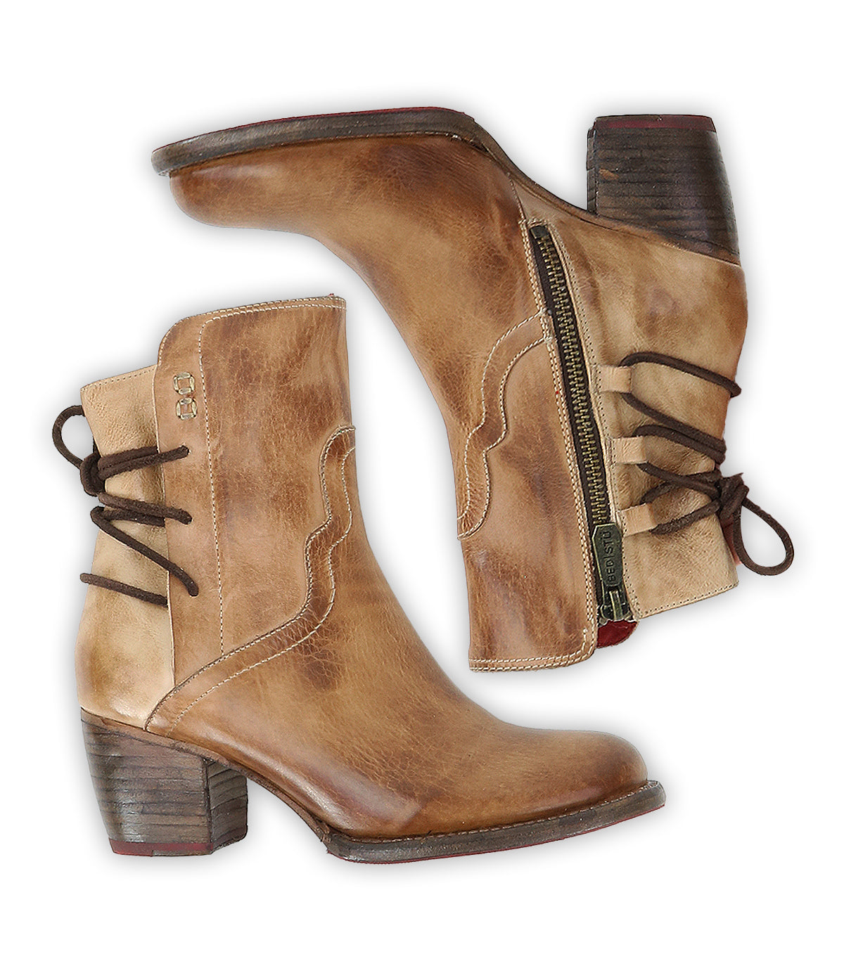 The Bed Stu Cable boots are brown hand-finished leather ankle boots with chunky heels, dark laces, decorative stitching, and side zippers that add subtle Western flair, shown on a white background.