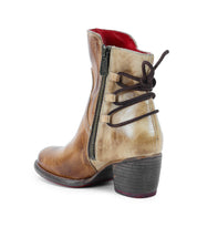 The Bed Stu Cable is a brown leather mid-ankle boot featuring a side zipper, black back laces, and a chunky stacked heel—perfect for adding subtle Western flair to your style.