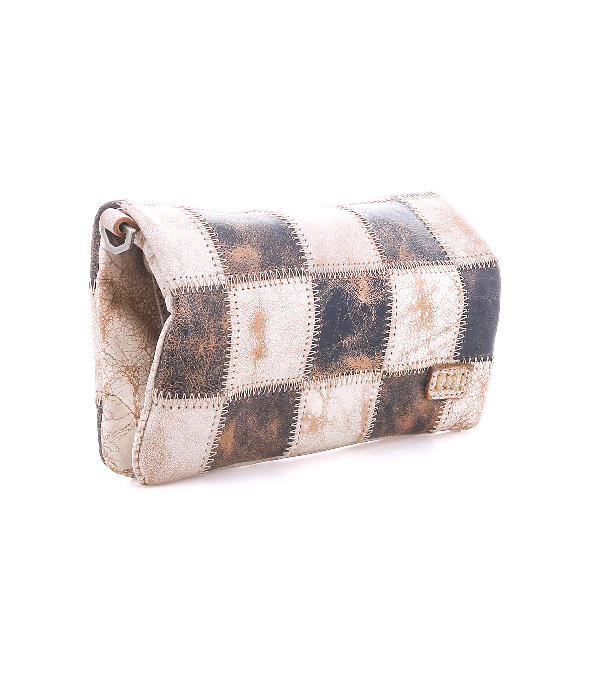 Introducing the Cadence PW by Bed|Stü—a rectangular crossbody clutch crafted from vegetable-tanned leather squares in brown, beige, and black. This patchwork bag features prominent stitching and a distressed finish for a unique, vintage-inspired look.