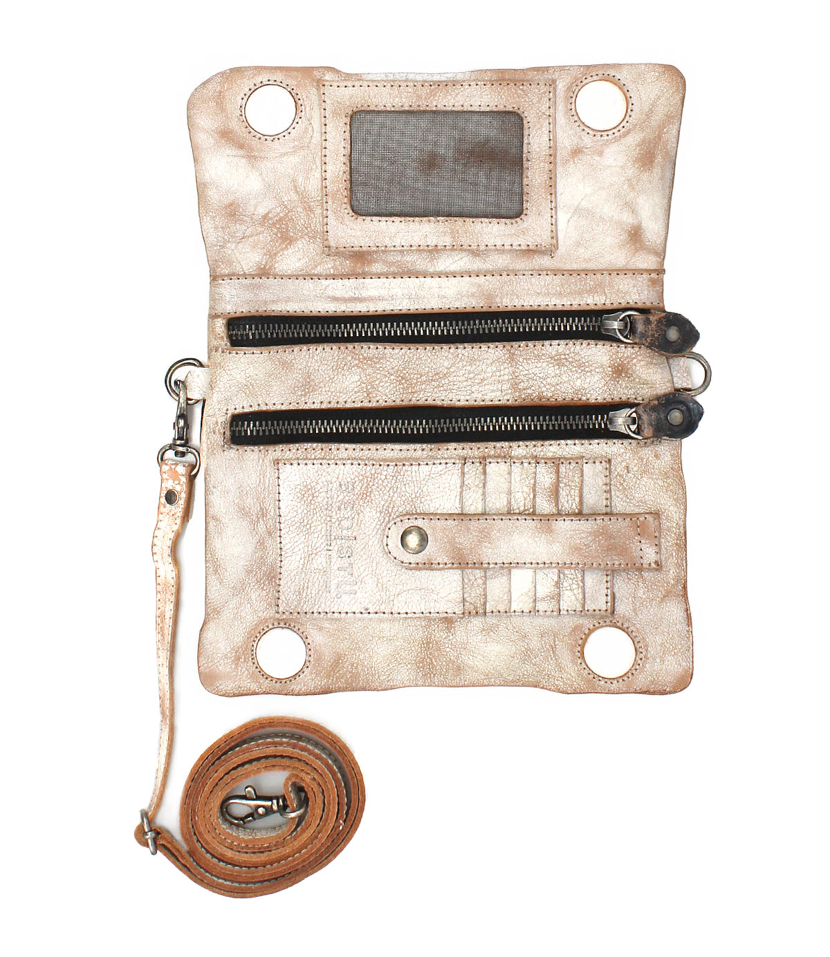 The Bed Stu Cadence PW is a beige leather travel wallet with two zippered compartments, card slots, an ID window, metal grommets, and a detachable strap coiled beside it.