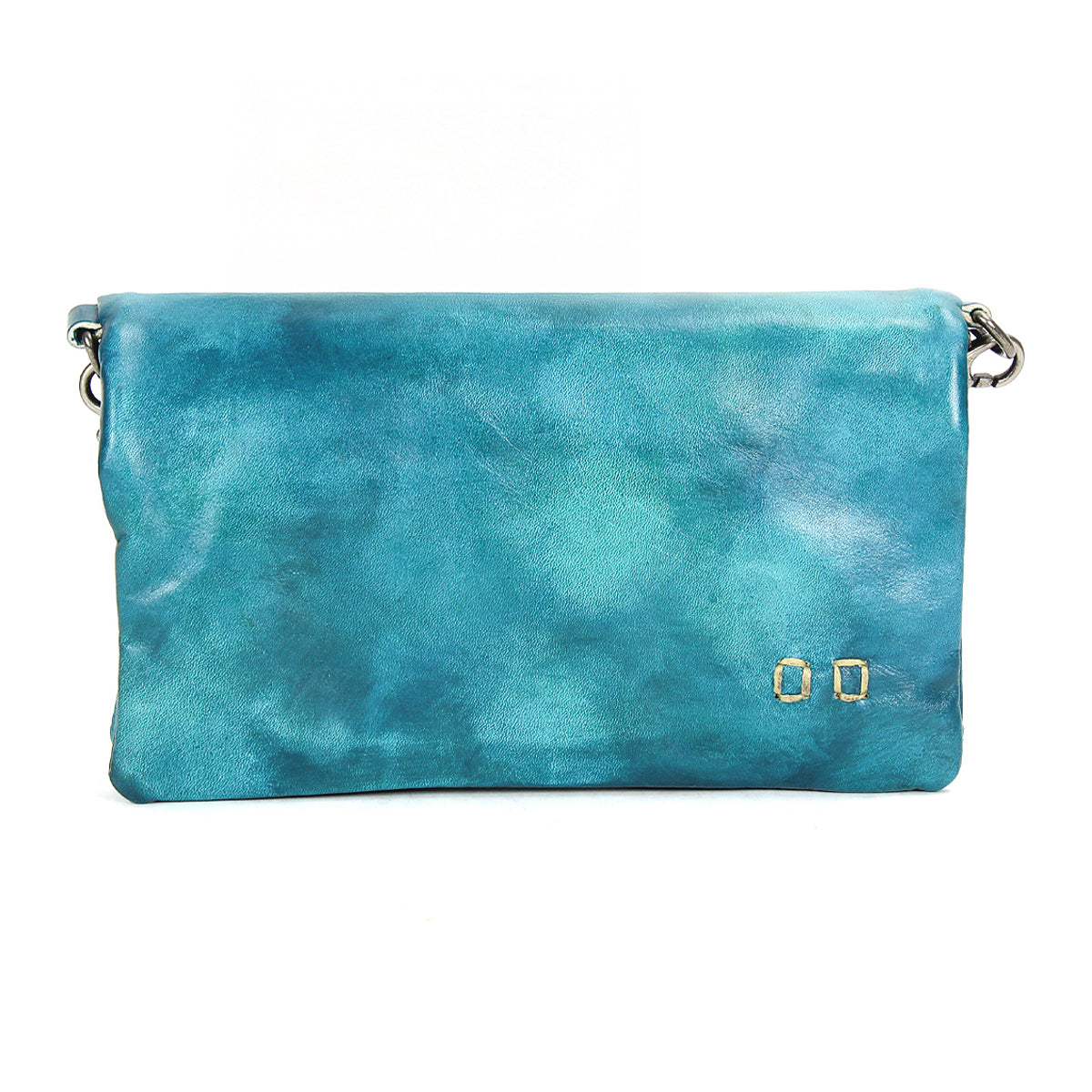 The Cadence by Bed Stu is a rectangular turquoise crossbody clutch made from textured vegetable-tanned leather, adorned with two small metallic square accents in the bottom right corner.