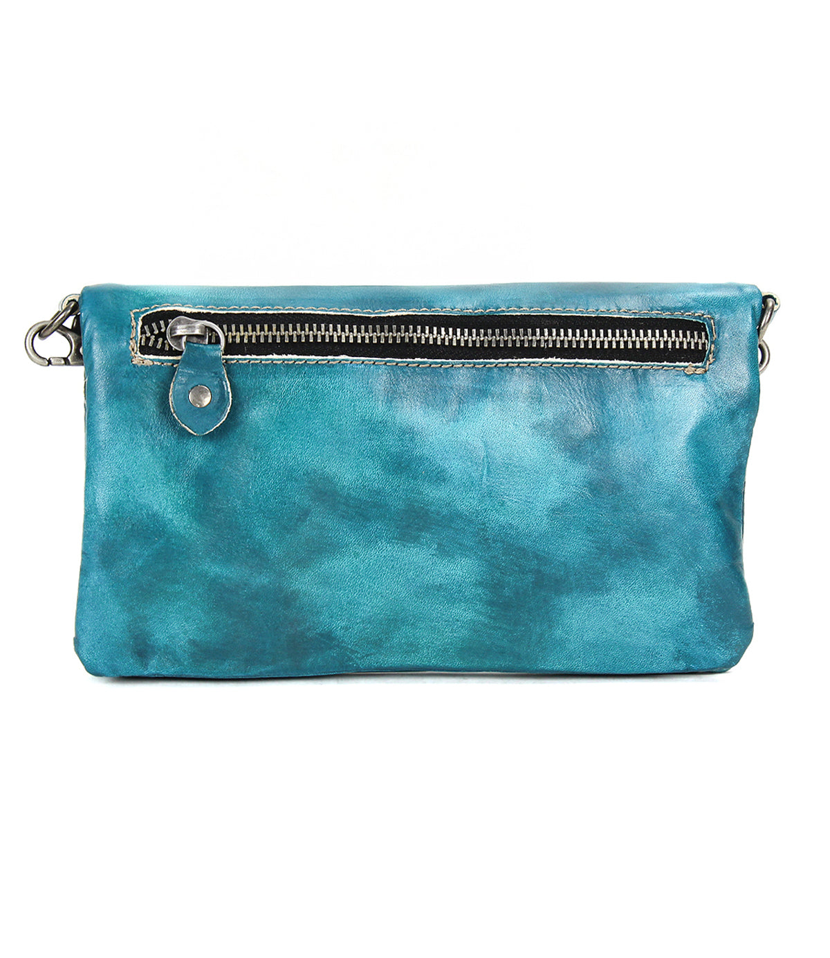 The Bed Stu Cadence is a teal leather wallet clutch with a front zipper pocket and metal hardware, shown against a white background.