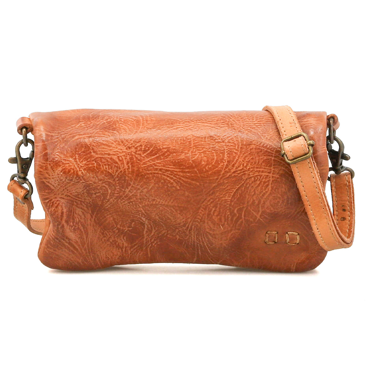 The Cadence EM by Bed Stu is a brown embossed leather crossbody bag with a textured surface, adjustable strap, and metal hardware, shown against a white background.