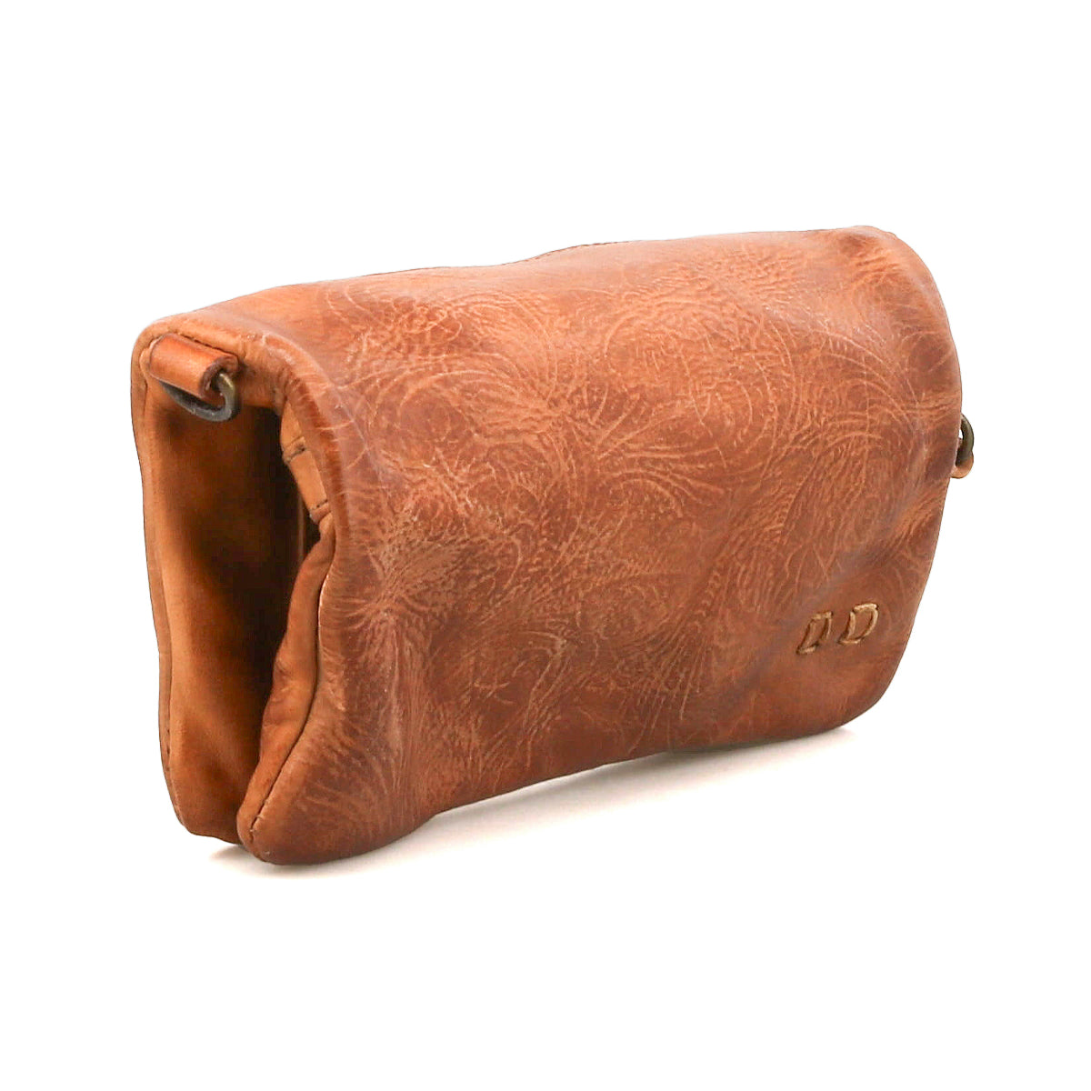 The Bed Stu Cadence EM is a brown leather clutch with a subtle embossed pattern, shown from the side and top flap—an elegant accessory for any occasion.